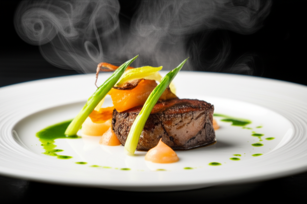 A close-up shot of a beautifully plated, appetizing dish, clearly showing the textures and colors of the food.  Steam gently rising from it.