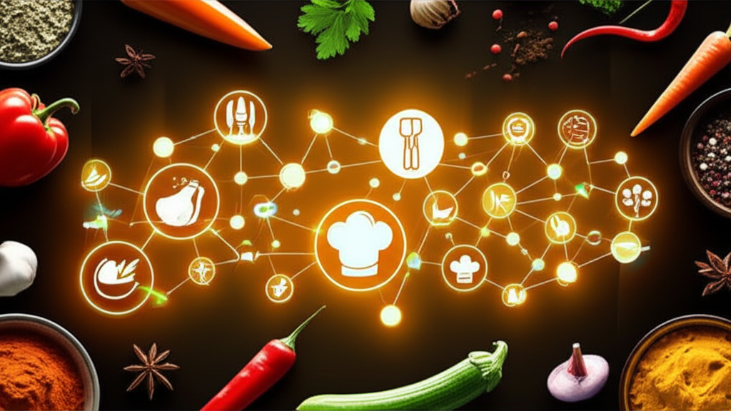 A stylized network of interconnected nodes, glowing brightly, with culinary icons (e.g., vegetables, spices, utensils) at the periphery, feeding into the central network.