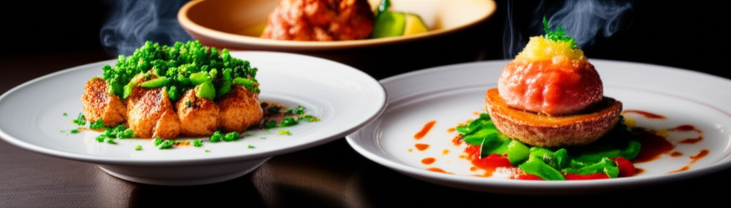 A visually appealing, close-up shot of three diverse and colorful AI-generated dishes artfully arranged on a table, with steam subtly rising from one.