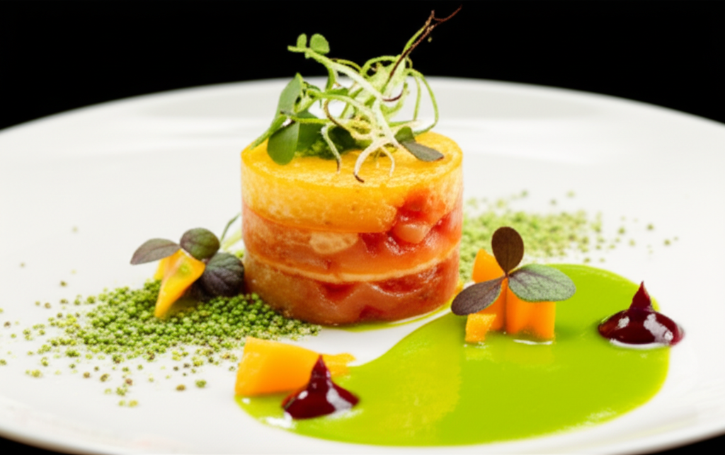 A close-up shot of a beautifully plated, unusual-looking, yet appetizing dish, clearly made with ingredients one wouldn't typically combine.