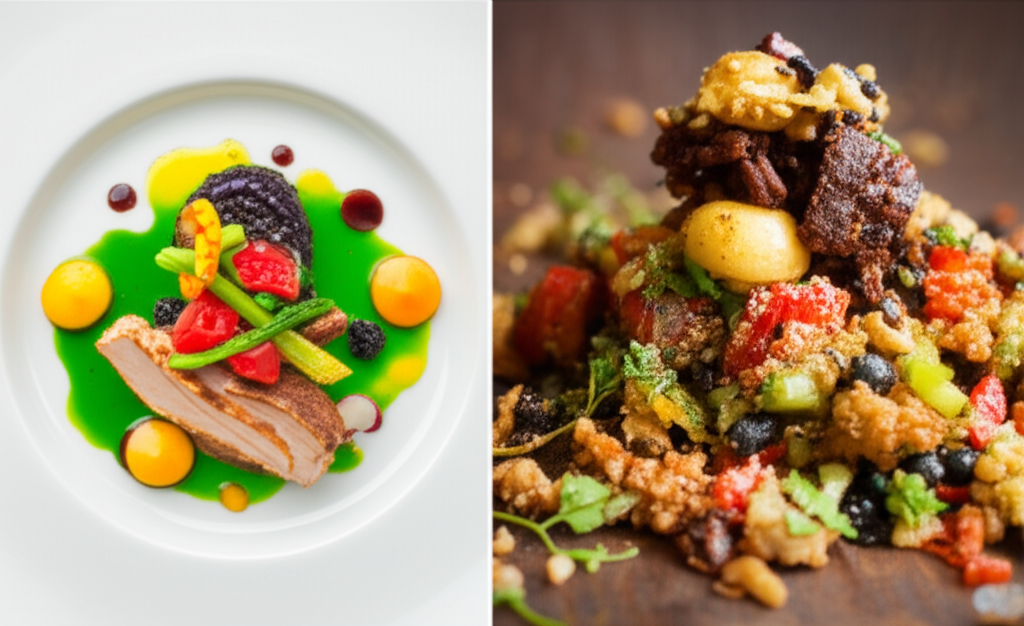 A split screen.  On one side, a beautifully plated, appetizing dish. On the other, a messy, unappetizing, possibly inedible-looking food concoction.