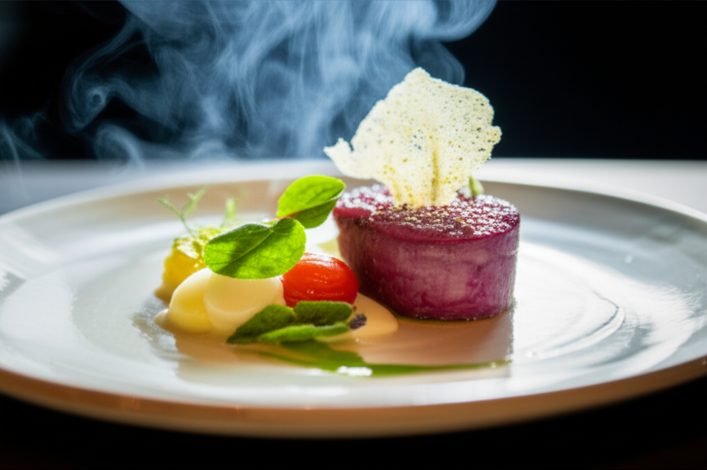 A close-up shot of a beautifully plated, unusual, and appetizing dish, with steam subtly rising from it.  The plating should be modern and artistic.
