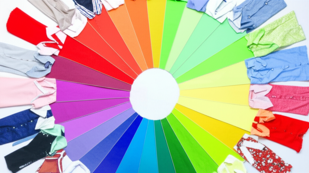A color wheel with swatches of clothing items (shirts, dresses, pants) pinned to each color segment, radiating outwards from the center.