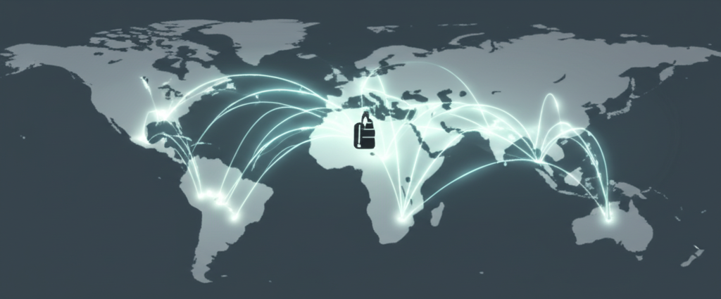 A stylized world map, subtly glowing with interconnected lines of light representing digital connections, converging on a single, brightly lit point representing the 