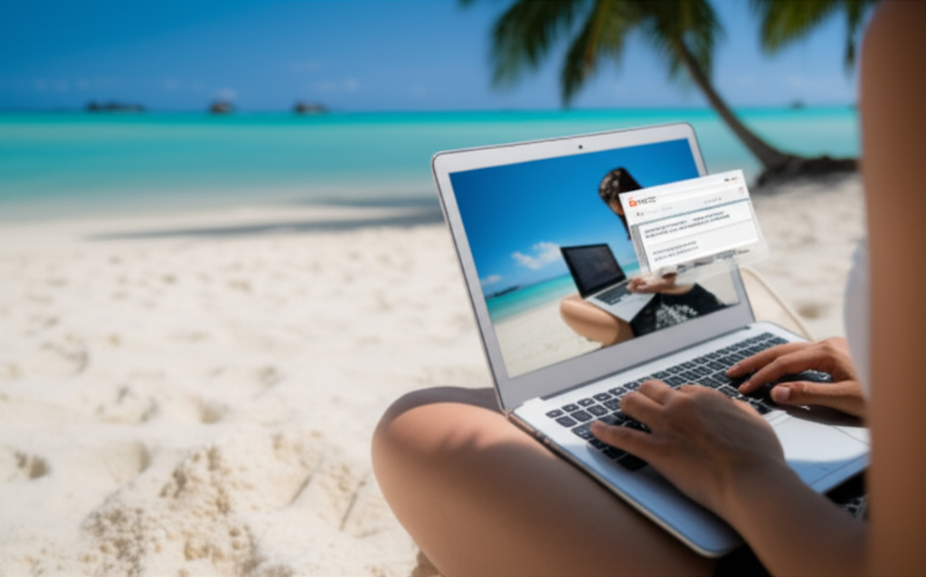 A split screen.  One side shows a digital nomad working on a laptop on a beach in a foreign country. The other side shows the same laptop screen, but with a real-time translation of a foreign language website or chat displayed.