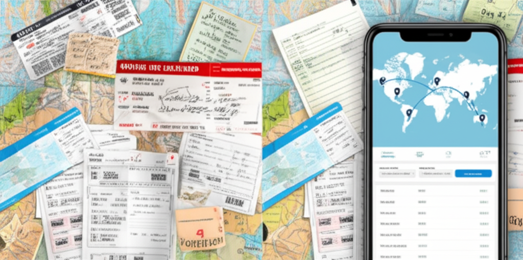 A split screen.  One side shows a chaotic jumble of maps, flight tickets, hotel bookings, and to-do lists. The other side shows a clean, minimalist interface displaying a perfectly optimized itinerary with a world map highlighting a suggested route.