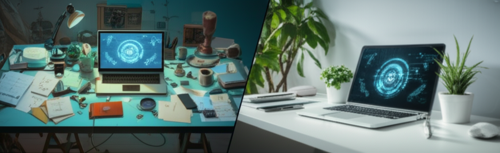 A split screen.  One side shows a chaotic, cluttered desk overflowing with papers and tech devices. The other side shows a clean, minimalist workspace with a single laptop displaying a sleek, futuristic AI interface, surrounded by calming plants.