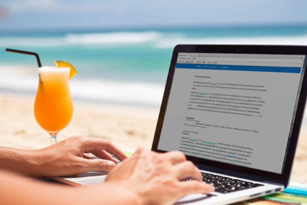 A laptop open on a beach, displaying a partially-written blog post with AI-generated text visible on the screen.  A person's hand is hovering over the laptop's keyboard, partially obscured by a tropical drink.  The background is blurred, showing a sunny beach and ocean.