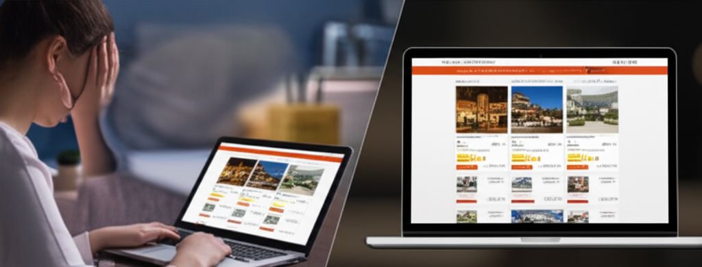A split screen.  One side shows a person looking frustrated at a laptop screen filled with overpriced hotel listings. The other side shows the same person smiling at a laptop displaying a clean, user-friendly interface with significantly lower-priced accommodation options highlighted.