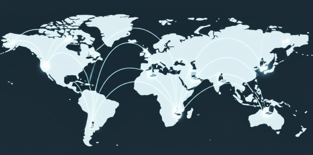 A stylized world map with glowing nodes interconnected by lines, each node representing a different location with a small, stylized icon of a person working on a laptop.