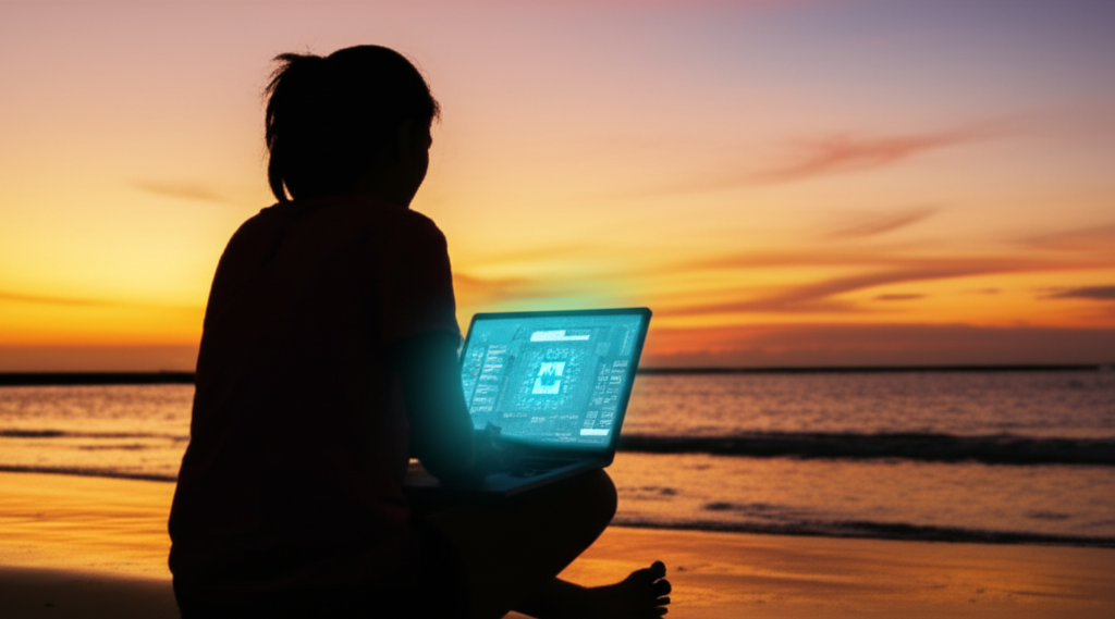 A silhouetted figure of a digital nomad working on a laptop on a beach at sunset, with a futuristic, partially transparent AI interface overlayed subtly on the laptop screen.
