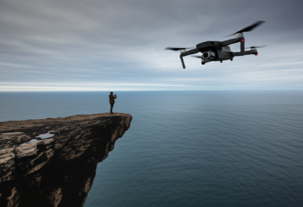 A person standing on a dramatic cliff edge overlooking a vast ocean,  a drone hovering nearby slightly above and to the side of them,  capturing a portrait shot.  The person is small in the frame, emphasizing the scale of the landscape.
