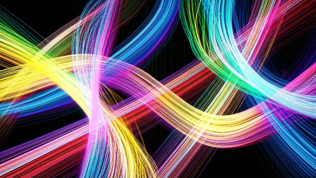 A stylized, abstract representation of a quantum computer's qubit entanglement, shown as interwoven, brightly colored strands of light forming complex, interconnected patterns.