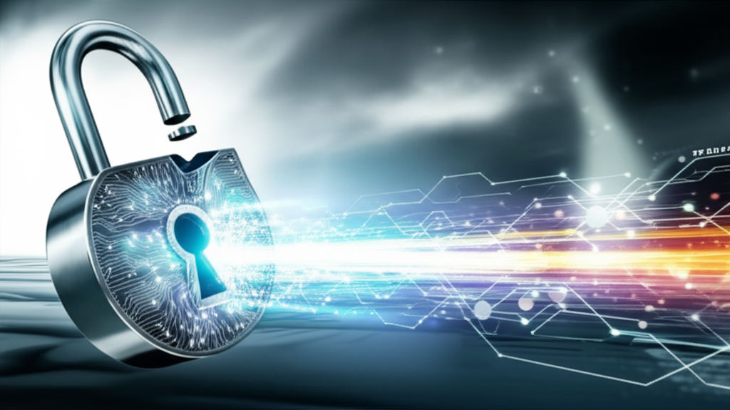 A padlock being cracked open by a stylized, shimmering, quantum-level representation of energy or data flow.