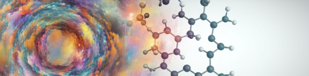 A stylized, abstract representation of molecules interacting, with swirling, vibrant colors representing quantum computations happening around and within them, leading to a final, clear, stable molecular structure.