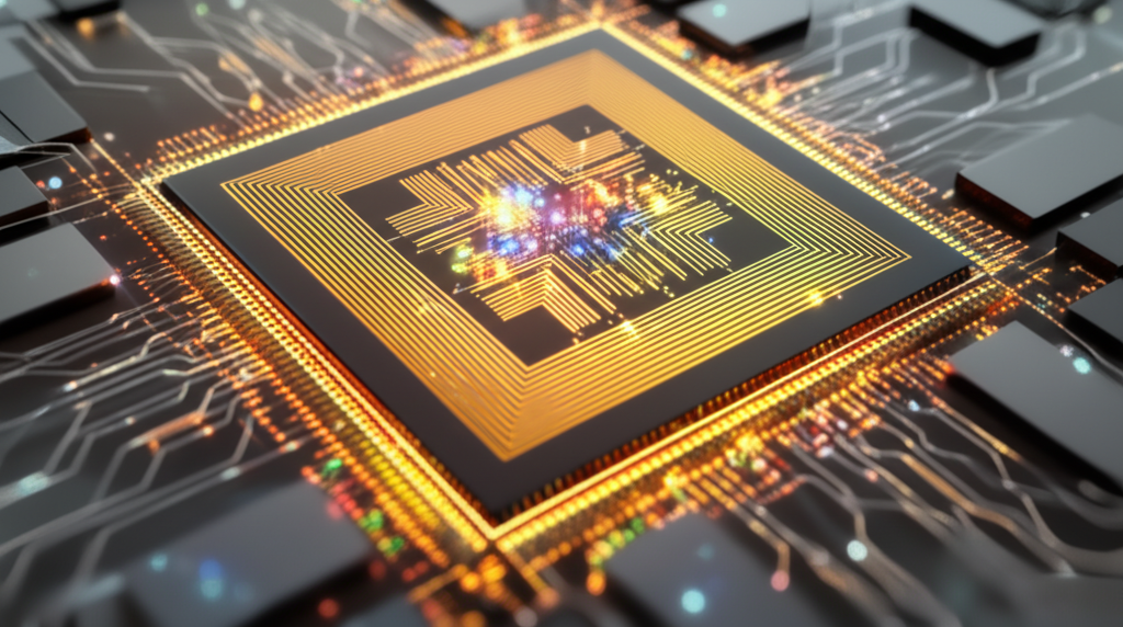 A single, large, complex quantum chip, shown at a microscopic level, with many of its components flickering or glowing erratically, highlighting the instability and difficulty of maintaining coherence at scale.