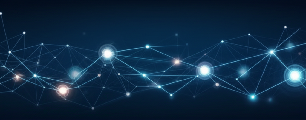 A stylized, interconnected network of glowing nodes and lines, with some nodes significantly brighter and larger than others, representing different industries or fields impacted by quantum computing.