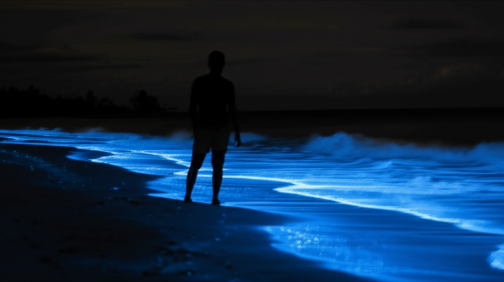A single, silhouetted person standing at the edge of a bioluminescent beach at night, gazing out at the ocean.  The bioluminescence is subtly visible in the waves.