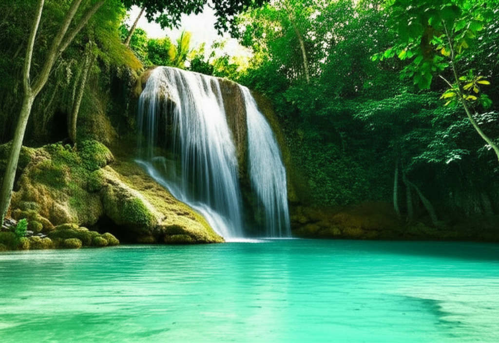 A single, secluded waterfall cascading into a crystal-clear turquoise pool on Isla Holbox, with lush green jungle foliage surrounding it.  The waterfall should be relatively small and intimate, emphasizing its hidden nature.