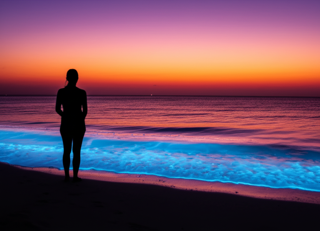 A person silhouetted against a vibrant sunset, standing on a secluded beach in Isla Holbox, looking out at calm, bioluminescent ocean water gently lapping the shore.  Only the person's back is visible.