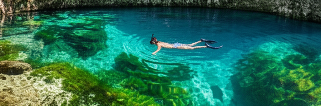 A person snorkeling in a cenote, sunlight dappling the water, revealing clear visibility of underwater plants and rock formations.