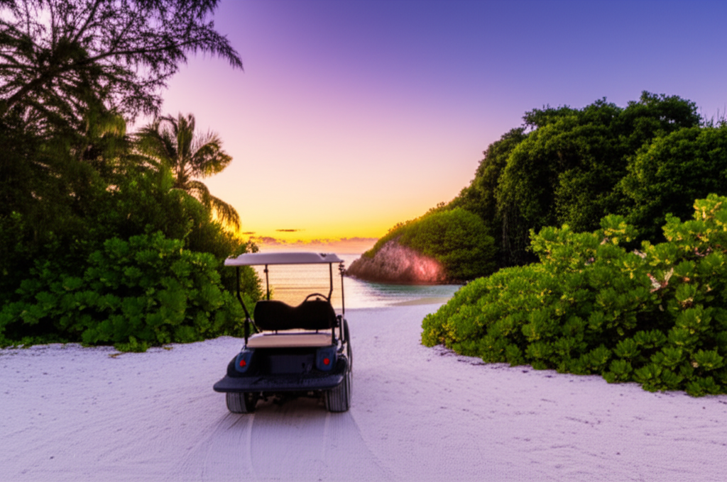 A golf cart parked on a white sand beach at sunset, facing away from the camera toward a hidden cove partially obscured by lush tropical vegetation.  A faint glow is visible in the water of the cove.