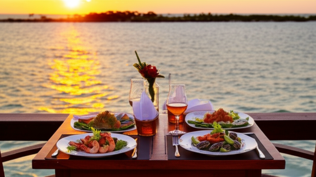 A table set for two on a beachfront restaurant patio, overlooking a calm ocean at sunset.  Fresh seafood dishes are artfully arranged on the table.  In the background, a subtle, out-of-focus view of Isla Holbox's characteristic low-lying landscape is visible.