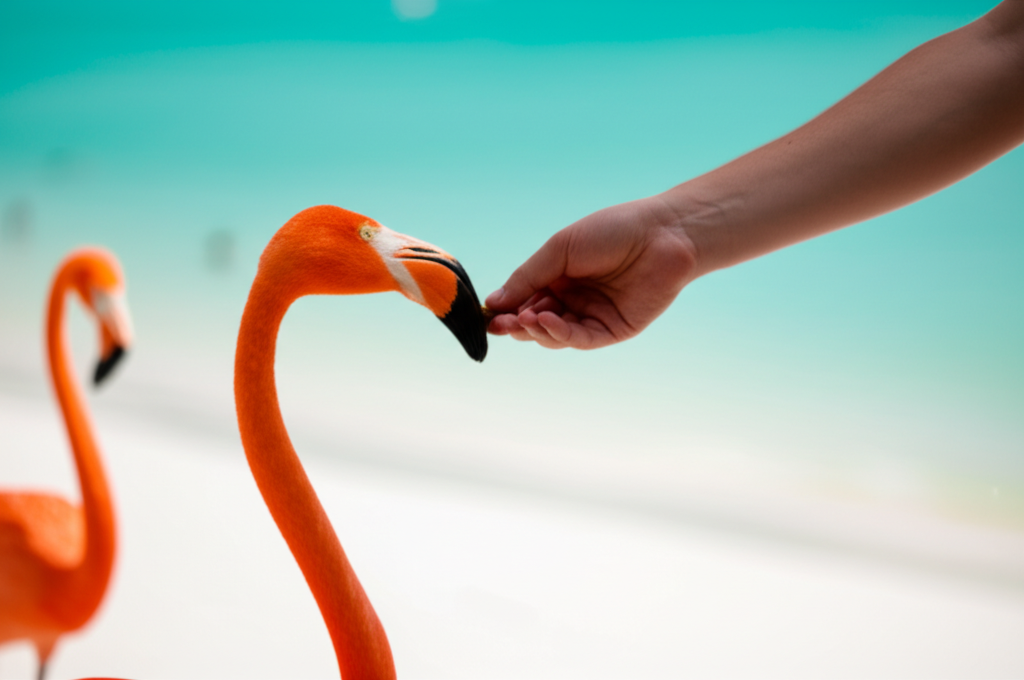 A close-up shot of a person's hand gently feeding a flamingo a small piece of food, with a blurred background showing a tranquil beach and turquoise water.