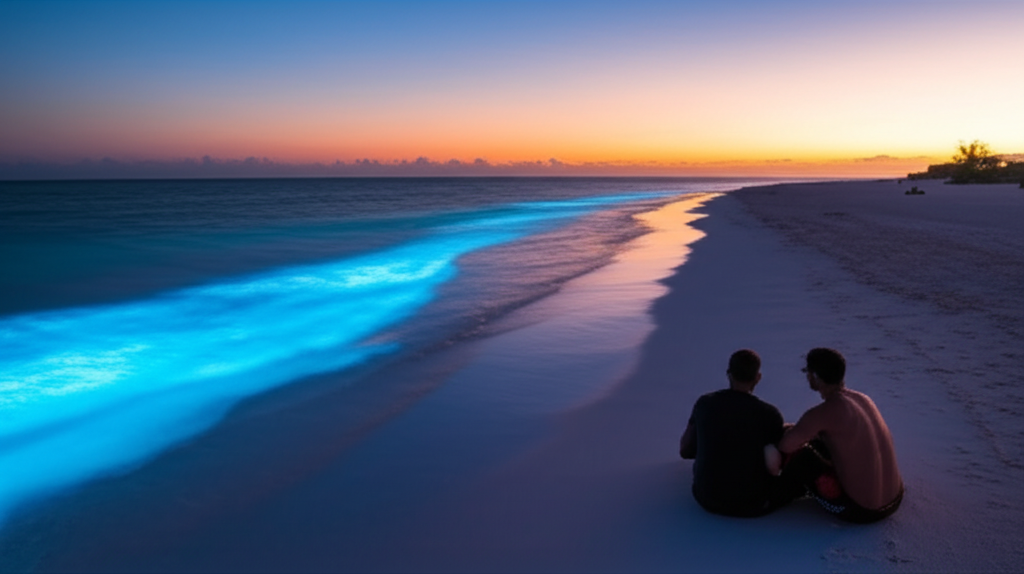 A single, secluded, pristine beach on Isla Holbox at sunset, with bioluminescent water gently lapping the shore,  and a silhouetted person (or small group) watching the water, their backs to the camera.