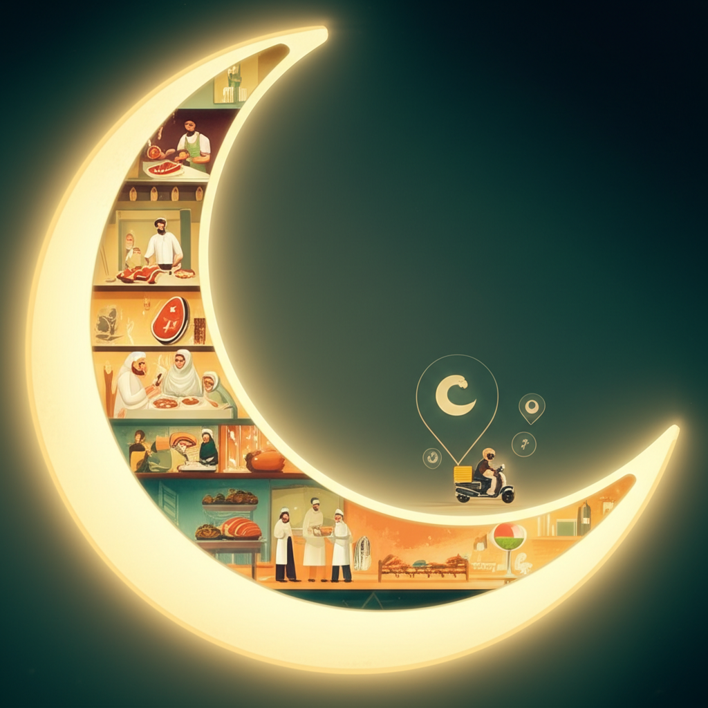 A stylized crescent moon shape, softly glowing, filled with miniature, warmly lit scenes: a happy Muslim family gathered around a table with steaming food, a halal butcher carefully preparing meat, a delivery scooter zipping down a street with stylized, floating GPS coordinates above it. The color palette should be warm and inviting, with golds, greens, and browns predominating.