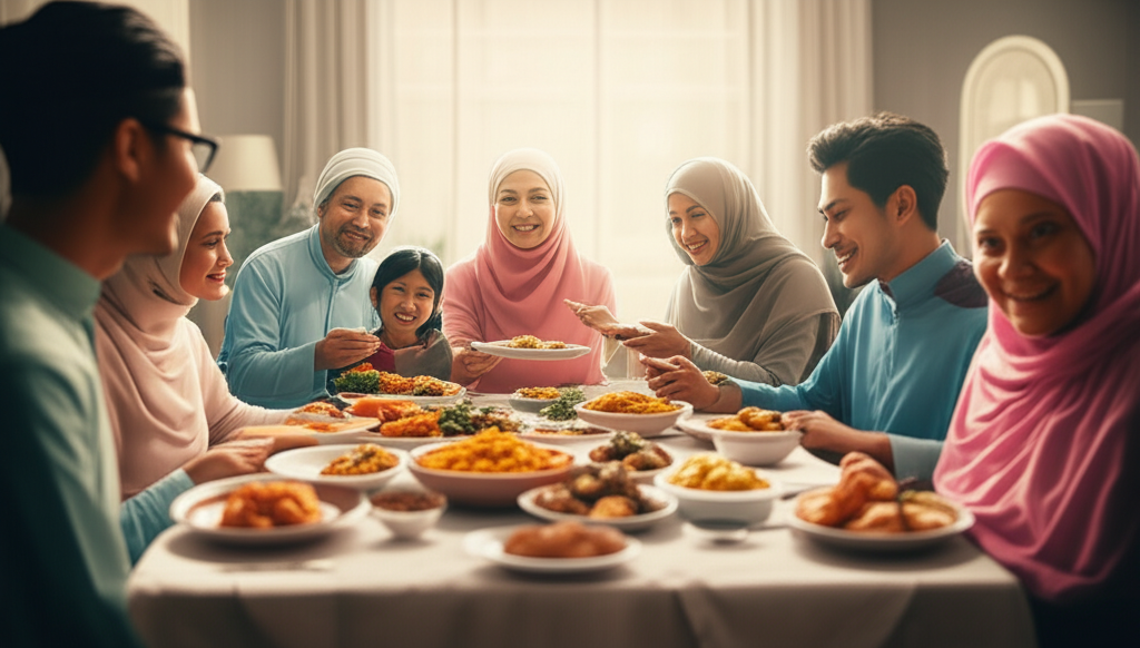 A warm, inviting, softly lit scene of a diverse Muslim family (grandparents, parents, and children) gathered around a dining table laden with delicious-looking, colorful dishes. Everyone is smiling and engaging in conversation, with a subtle hint of thankfulness and contentment in their expressions. The focus is on the joy and connection of the family meal rather than the food itself, though the food adds to the overall feeling of abundance and satisfaction.
