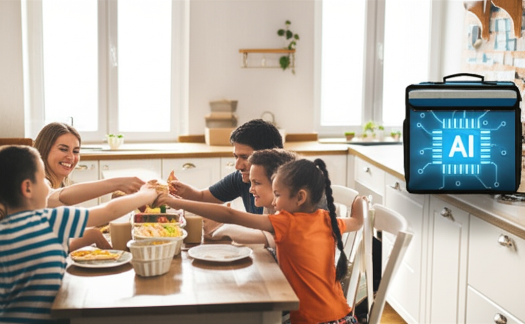 A warm, brightly lit kitchen scene. A family – two parents and two young children – are gathered around a dining table already set with halal food containers. The parents are smiling at each other, relaxed, not flustered. The children are excitedly reaching for the food. A delivery bag/container with a stylized but subtle AI icon (perhaps a gentle light glow or an unobtrusive circuit pattern subtly incorporated) sits on a nearby counter, suggesting the origin of the convenient meal. The overall impression is one of joy, togetherness, and ease.