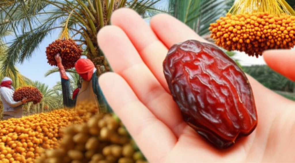 A close-up shot of a hand holding a ripe date. Behind the hand, slightly blurred, are images of various stages: a date palm tree in an orchard, farmers harvesting dates, and dates being sorted and packaged. The lighting is warm and natural, highlighting the freshness and origin of the date.