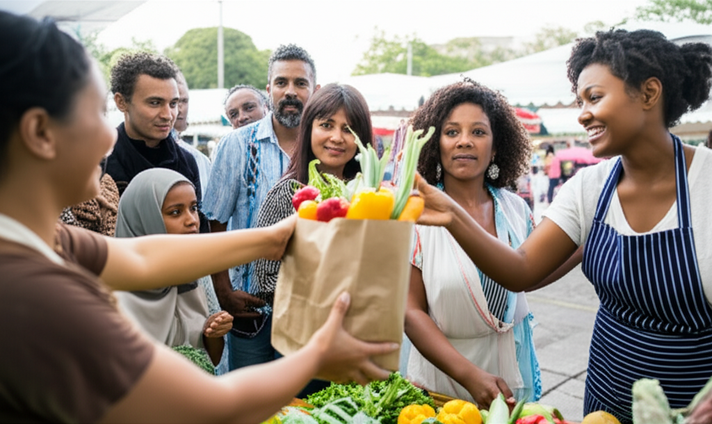 A diverse group of people (appearing to be of different ages, ethnicities, and family structures) gathered around a halal food vendor's market stall. The vendor is smiling and handing over a brown paper bag filled with fresh produce to one of the customers. The scene should feel vibrant and community-oriented.
