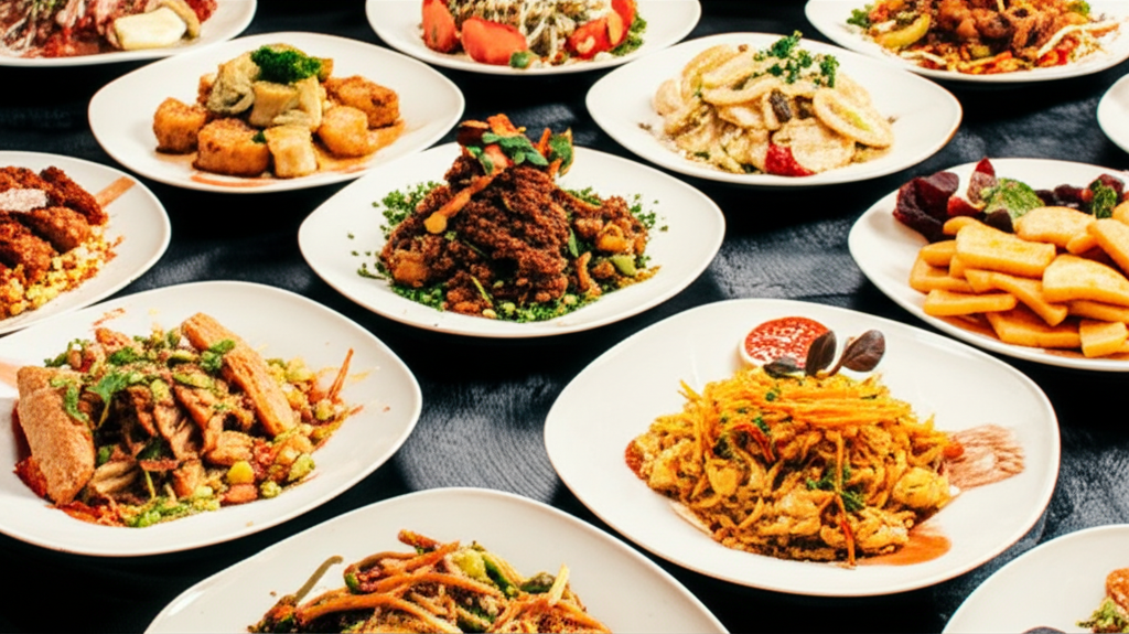 A close-up shot focusing on a variety of colorful and appealing halal dishes arranged artfully on a table. The dishes showcase different cuisines and highlight fresh, vibrant ingredients. Emphasis should be placed on the visual appeal of the food and the diversity of options.