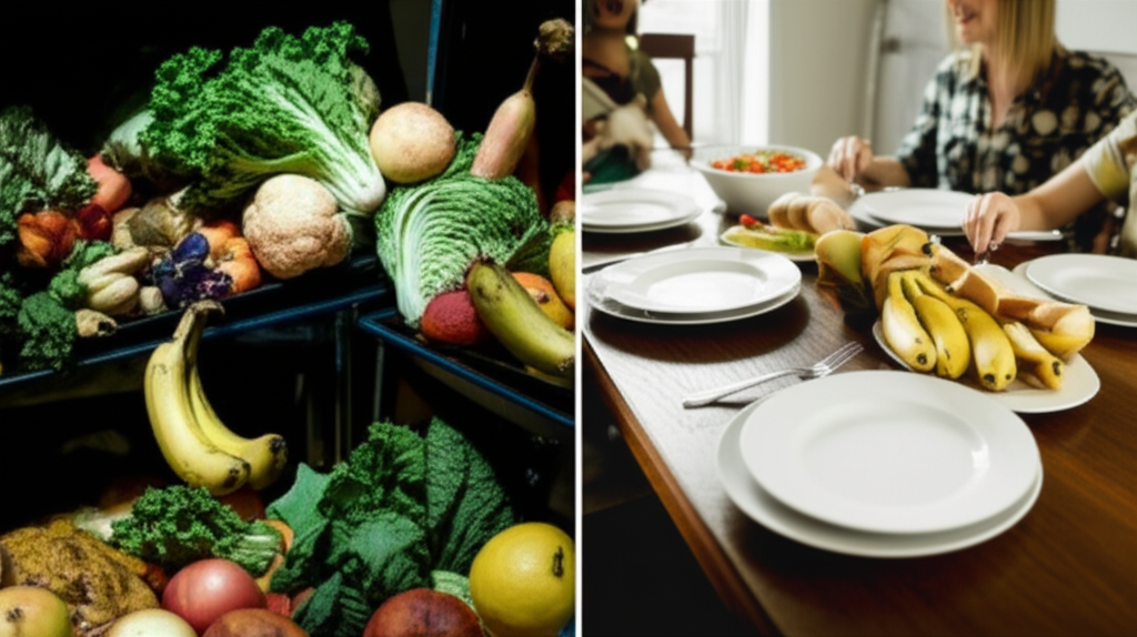 A split image: One side shows overflowing bins with discarded food, wilted vegetables, and overripe fruit. The other side shows a family happily eating a freshly prepared meal around a table, with only empty plates visible. The lighting on the wasted food side is harsh and unflattering, while the family meal side is warm and inviting.