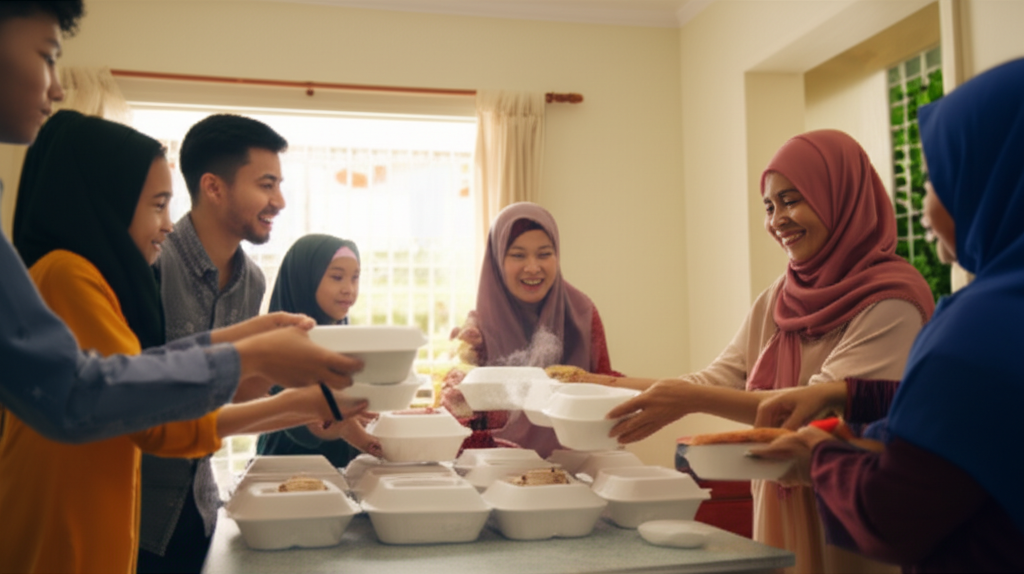 A warm, brightly lit scene depicting a diverse group of people, including an elderly woman and a child in a hijab, gathered around a table. They are happily receiving and unwrapping food containers with steam rising from them, suggesting a freshly delivered meal. The setting is a simple, modest home, implying a lower-income or underserved neighborhood, but the atmosphere is joyful and inclusive.
