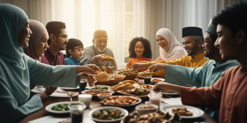 A diverse Muslim family (grandparents, parents, children) joyfully gathered around a table filled with colorful, appetizing halal dishes. Sunlight streams in, highlighting the warmth and togetherness of the moment, with everyone reaching for food and smiling at each other.