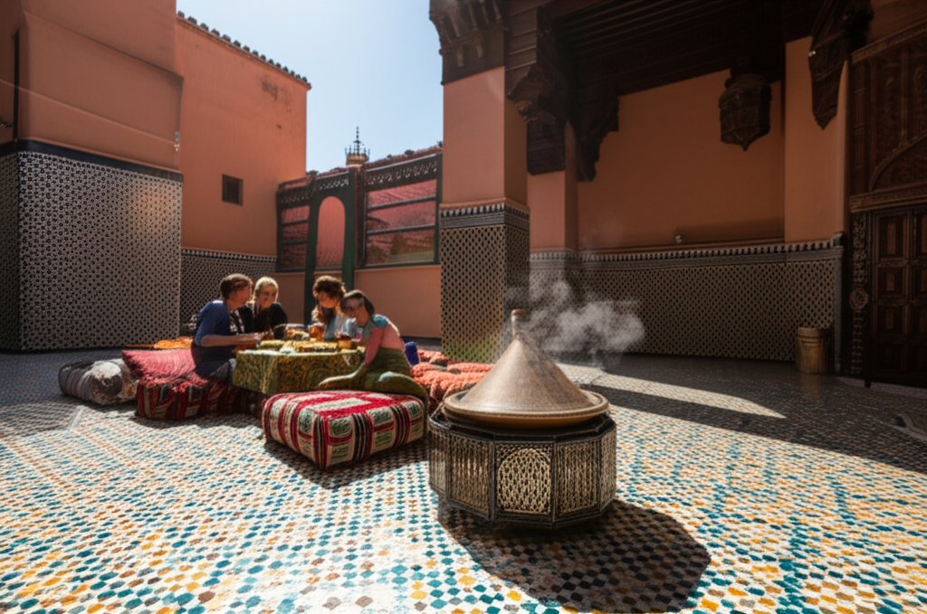 A sun-drenched, intricately tiled Moroccan riad courtyard.  A steaming tagine sits on a low table amongst colorful cushions, with a partially visible family enjoying a meal in the background.  A glimpse of a stunning mosque minaret is visible in the far background.
