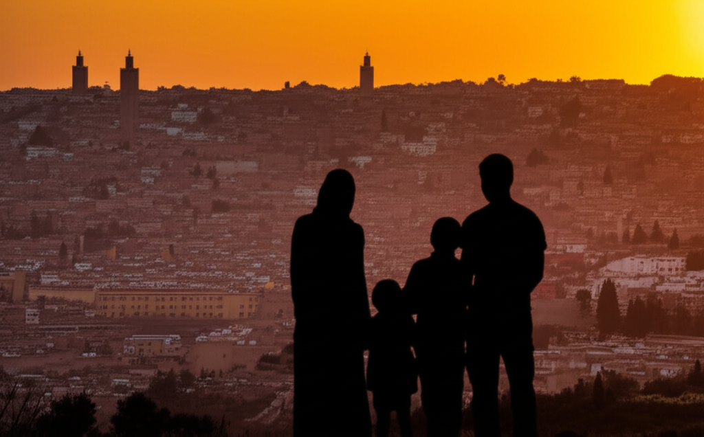 A silhouetted family stands at sunset, overlooking a sprawling Moroccan cityscape with visible minarets.