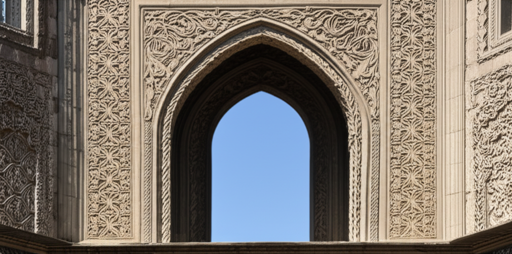 A close-up shot of intricate, ornate details on the facade of a small, seemingly secluded mosque.  Focus on the textures and patterns of the carved stone or tilework, perhaps with a sliver of a blue sky peeking through an archway.