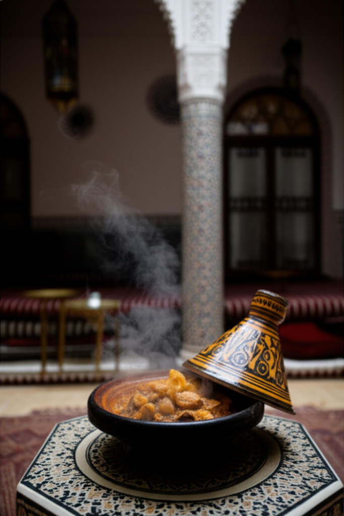 A steaming tagine, partially uncovered to reveal its richly colored contents, sitting on a low table in a dimly lit, traditionally decorated Moroccan riad.  The background should be subtly blurred, focusing attention on the tagine.