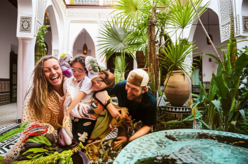A close-up shot of a family (mother, father, and at least one child) laughing together in a beautifully decorated riad courtyard.  The courtyard should feature traditional Moroccan architecture, vibrant plants, and perhaps a glimpse of a fountain.  The focus should be on the warmth and joy of the family.