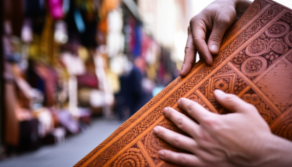 A close-up shot of a pair of hands carefully working on a piece of intricate handcrafted Moroccan leather, with a blurred background subtly showing the vibrant colors and bustling activity of a souk.