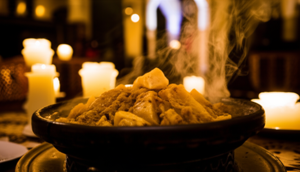A close-up shot of a steaming tagine, surrounded by the warm glow of candlelight in a traditional Moroccan riad courtyard.  Focus should be on the food and the inviting ambiance.