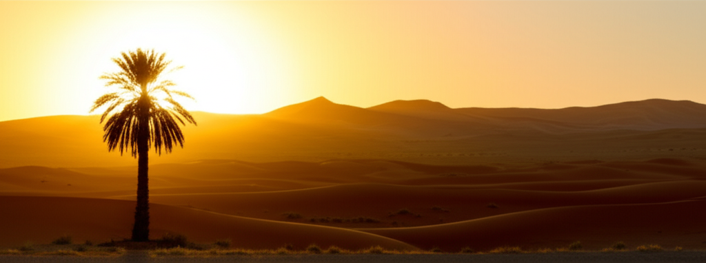 A sweeping panoramic view of a Moroccan desert landscape at sunset, featuring a lone, silhouetted palm tree in the foreground and distant sand dunes bathed in warm, golden light.