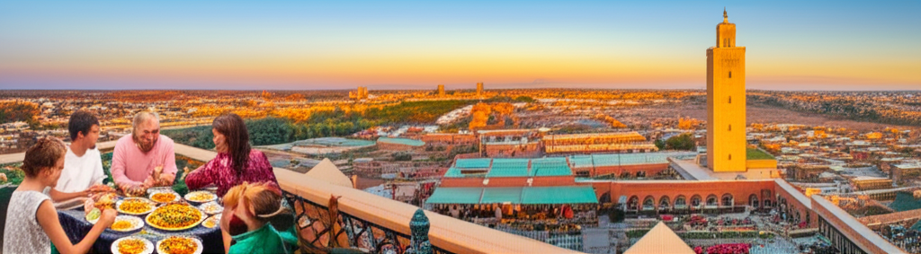 A richly colored, panoramic view of a Moroccan cityscape at sunset, featuring a prominent mosque with a slender minaret,  a family happily eating tagine outside a charming riad, and a glimpse of a bustling souk in the background.  The overall feeling should be warm, inviting, and peaceful.