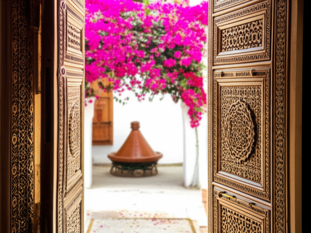 A close-up shot of intricately carved wooden doors of a riad, slightly ajar to reveal a glimpse of a sun-drenched courtyard with a flowering bougainvillea vine and a steaming tagine pot subtly visible in the background.