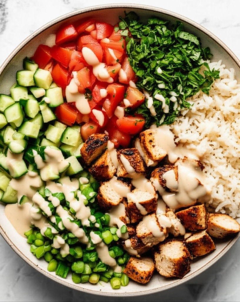A close-up shot of a vibrant and colorful Halal chicken shawarma bowl,  with glistening chicken, fluffy rice, a vibrant array of chopped vegetables (such as cucumbers, tomatoes, and parsley), and a drizzle of tahini sauce, all artfully arranged in a shallow bowl.