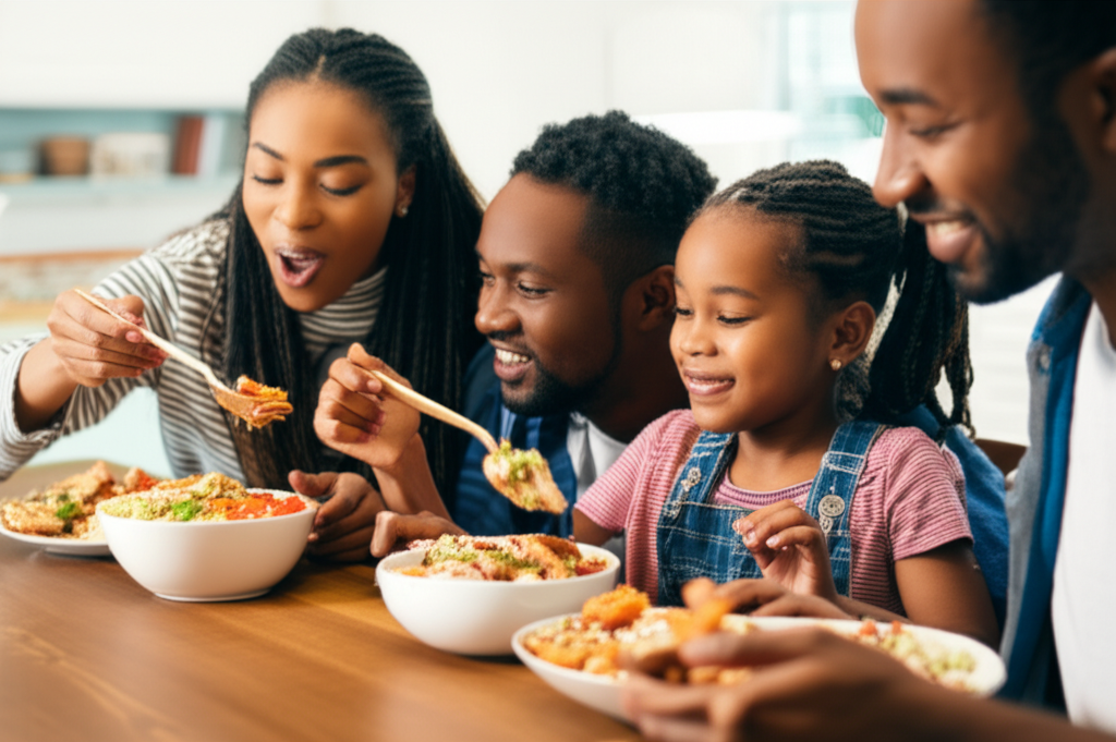 A close-up shot of a family (parents and at least one child) happily eating the chicken shawarma bowls around a warmly lit dining table.  Focus should be on their enjoyment of the meal.